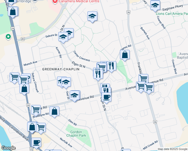 map of restaurants, bars, coffee shops, grocery stores, and more near 496 Elgin Street North in Cambridge