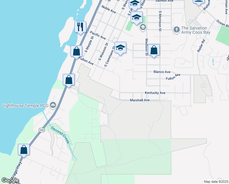 map of restaurants, bars, coffee shops, grocery stores, and more near 623 Kentucky Avenue in Coos Bay