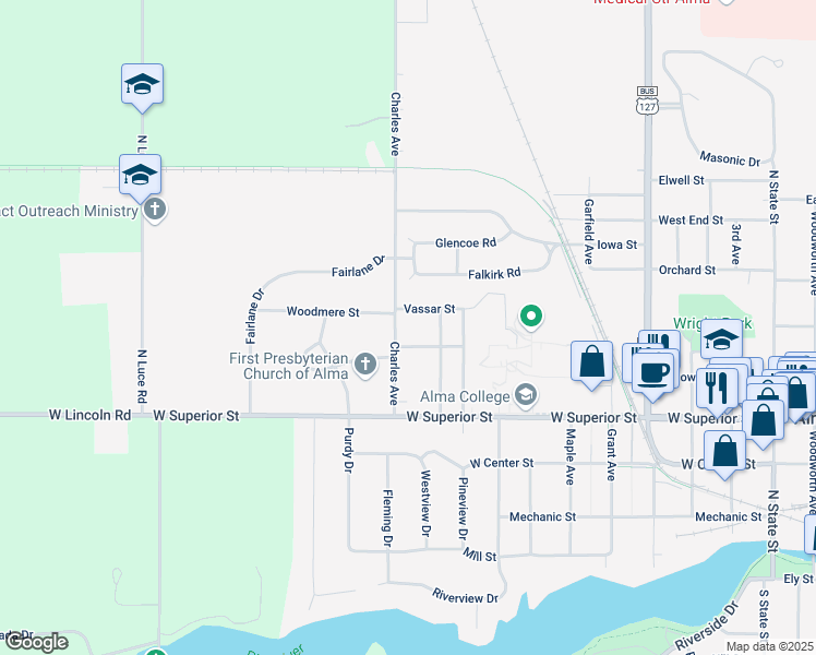 map of restaurants, bars, coffee shops, grocery stores, and more near 570 Charles Avenue in Alma