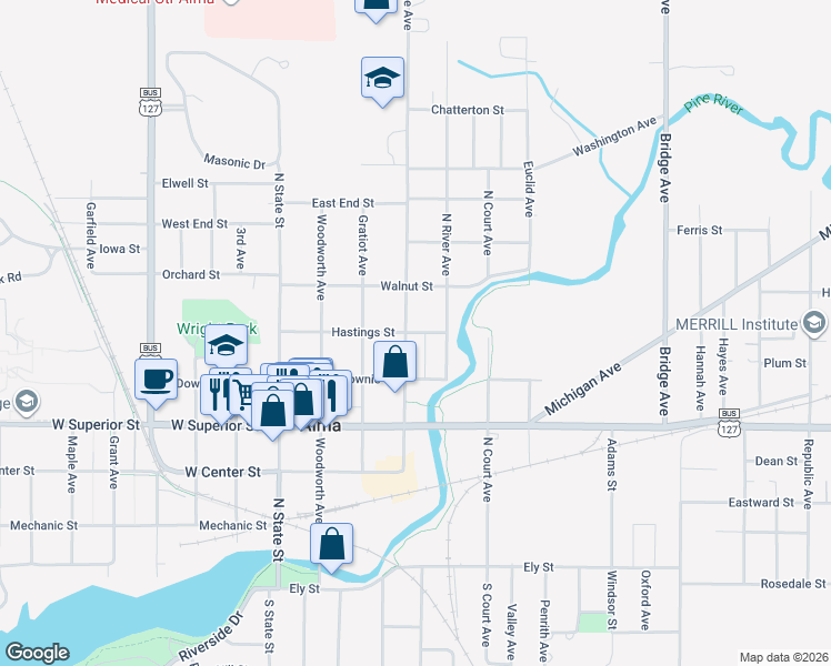 map of restaurants, bars, coffee shops, grocery stores, and more near 424 Hastings Street in Alma