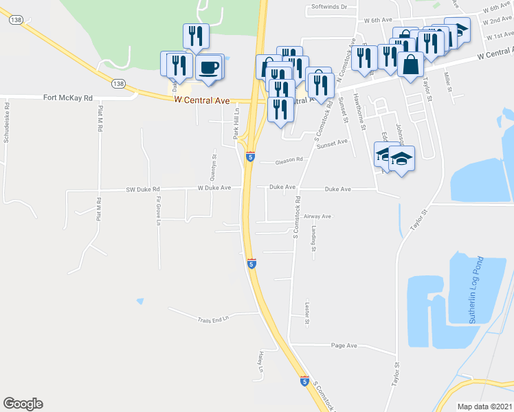 map of restaurants, bars, coffee shops, grocery stores, and more near 1476 Duke Ave in Sutherlin
