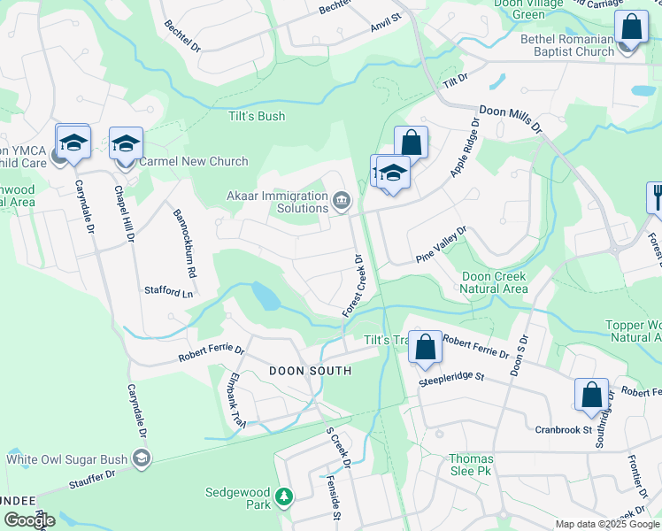 map of restaurants, bars, coffee shops, grocery stores, and more near 38 Creek Ridge Street in Kitchener