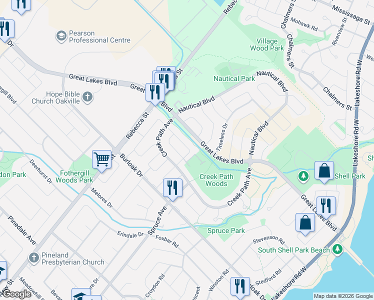 map of restaurants, bars, coffee shops, grocery stores, and more near 240 Duskywing Way in Oakville