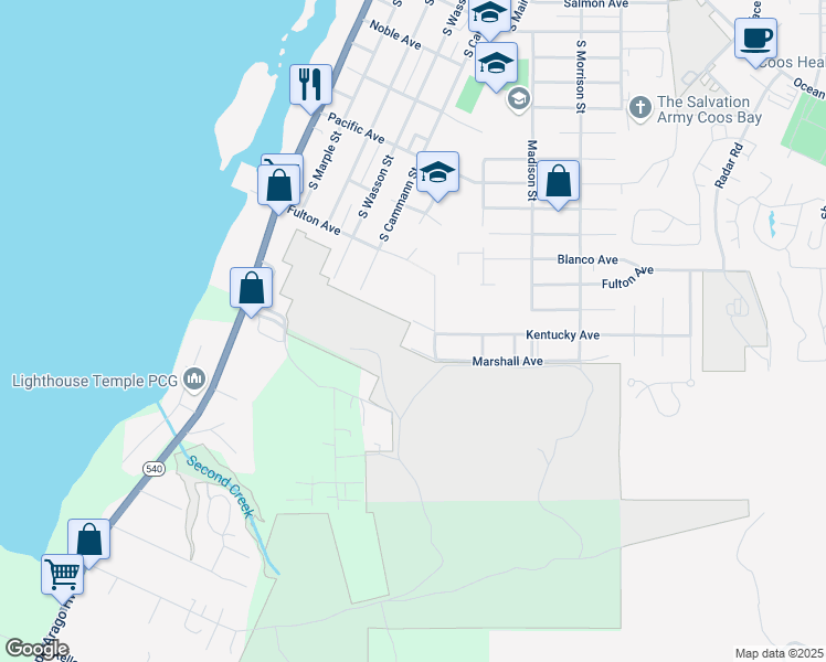 map of restaurants, bars, coffee shops, grocery stores, and more near 623 Kentucky Avenue in Coos Bay