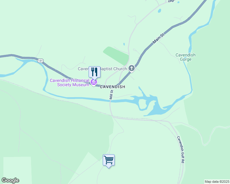 map of restaurants, bars, coffee shops, grocery stores, and more near 160 Mill Street in Cavendish