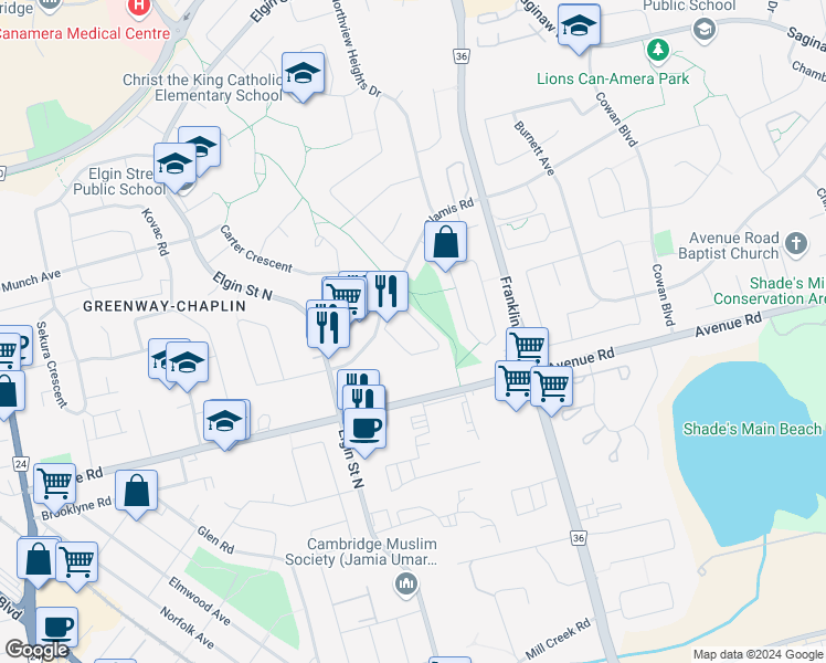 map of restaurants, bars, coffee shops, grocery stores, and more near 65 B Glamis Road in Cambridge