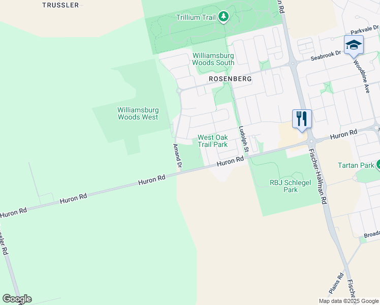 map of restaurants, bars, coffee shops, grocery stores, and more near 1705 Huron Road in Kitchener