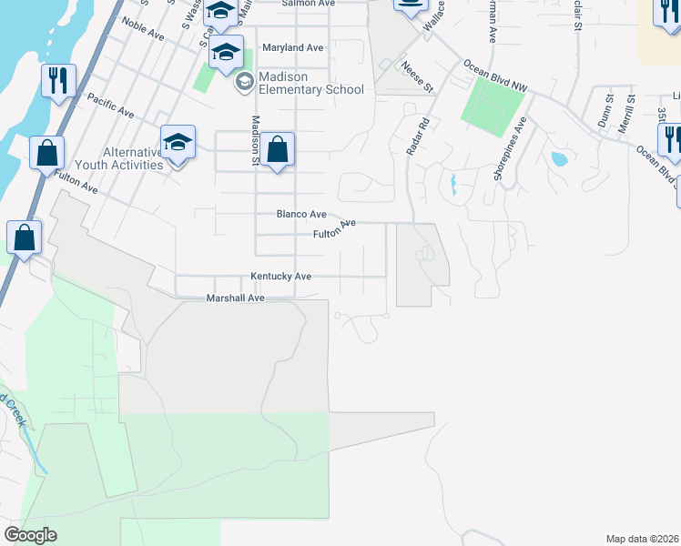 map of restaurants, bars, coffee shops, grocery stores, and more near 785 Tricia Place in Coos Bay