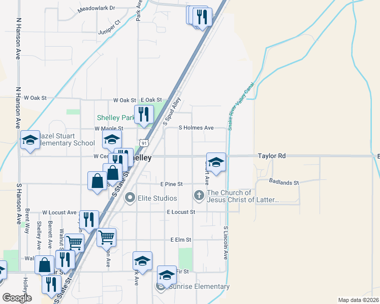 map of restaurants, bars, coffee shops, grocery stores, and more near 289 East Center Street in Shelley