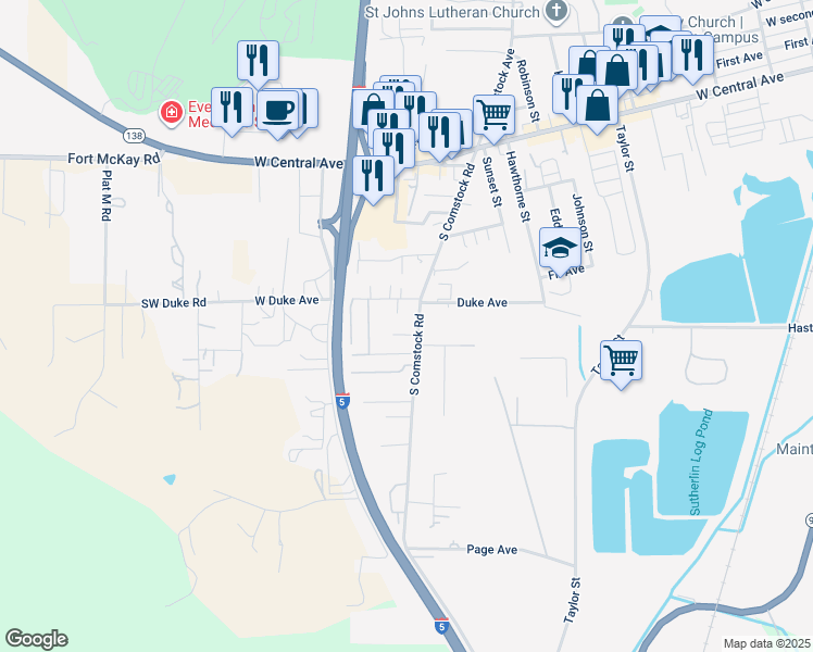 map of restaurants, bars, coffee shops, grocery stores, and more near 751 South Comstock Road in Sutherlin