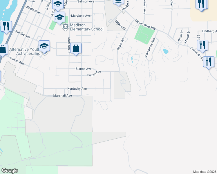map of restaurants, bars, coffee shops, grocery stores, and more near 770 Prefontaine Drive in Coos Bay