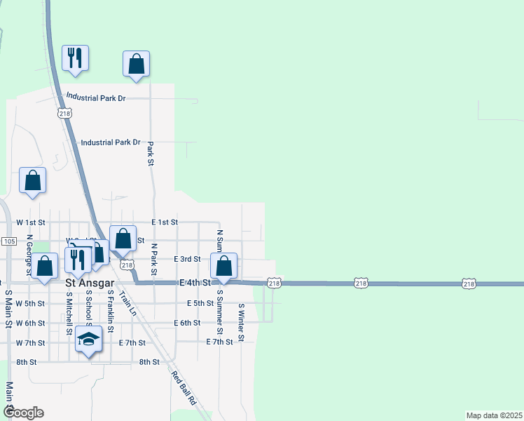 map of restaurants, bars, coffee shops, grocery stores, and more near 206-210 North Winter Street in Saint Ansgar