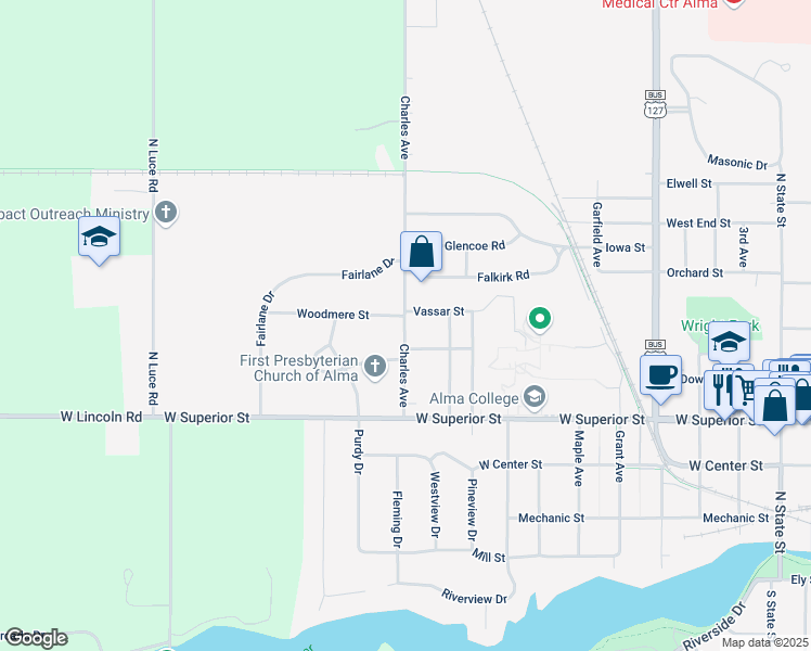 map of restaurants, bars, coffee shops, grocery stores, and more near 570 Charles Avenue in Alma