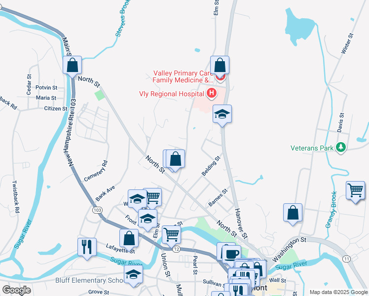 map of restaurants, bars, coffee shops, grocery stores, and more near 148 Elm Street in Claremont