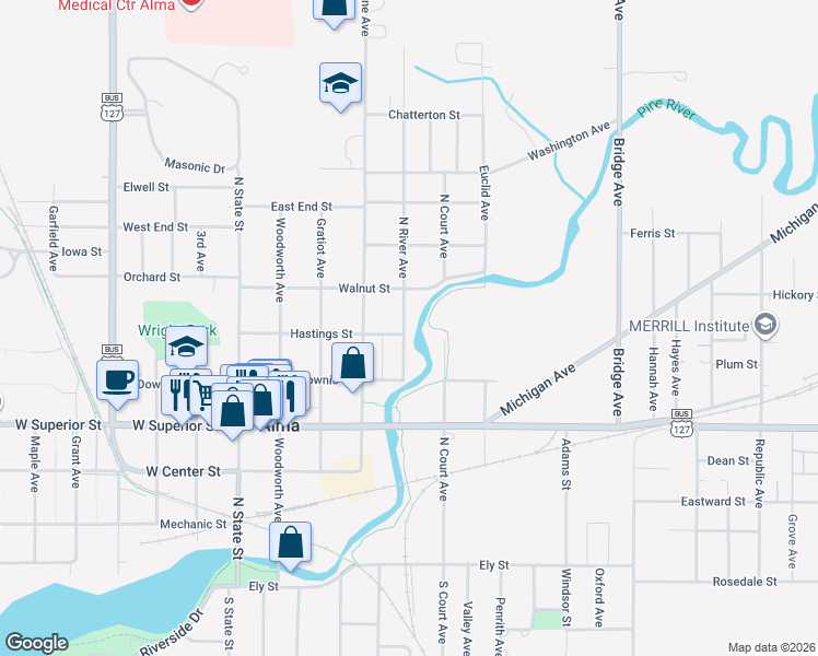 map of restaurants, bars, coffee shops, grocery stores, and more near 424 Hastings Street in Alma
