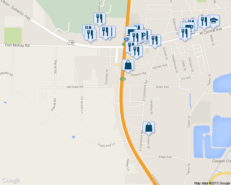 map of restaurants, bars, coffee shops, grocery stores, and more near 785 Park Hill Ln in Sutherlin