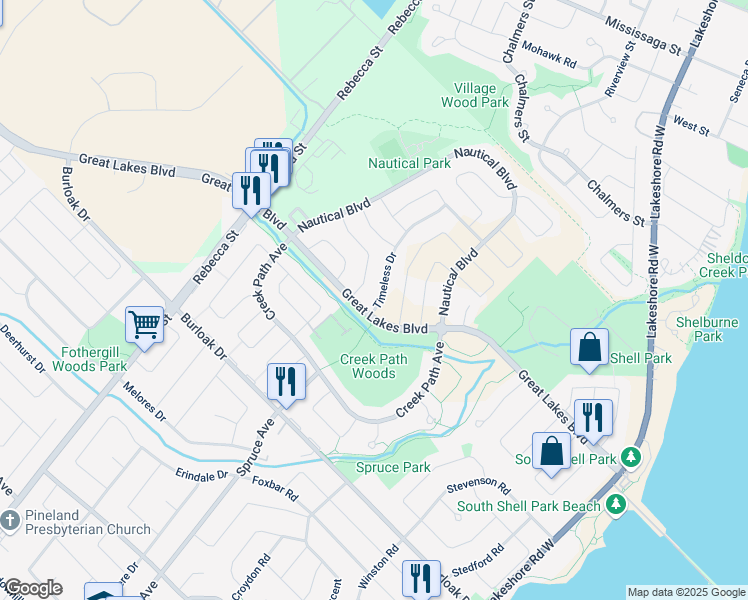 map of restaurants, bars, coffee shops, grocery stores, and more near 3387 Timeless Drive in Oakville