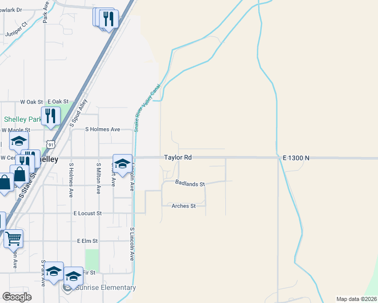 map of restaurants, bars, coffee shops, grocery stores, and more near 856 East 1300 North in Shelley