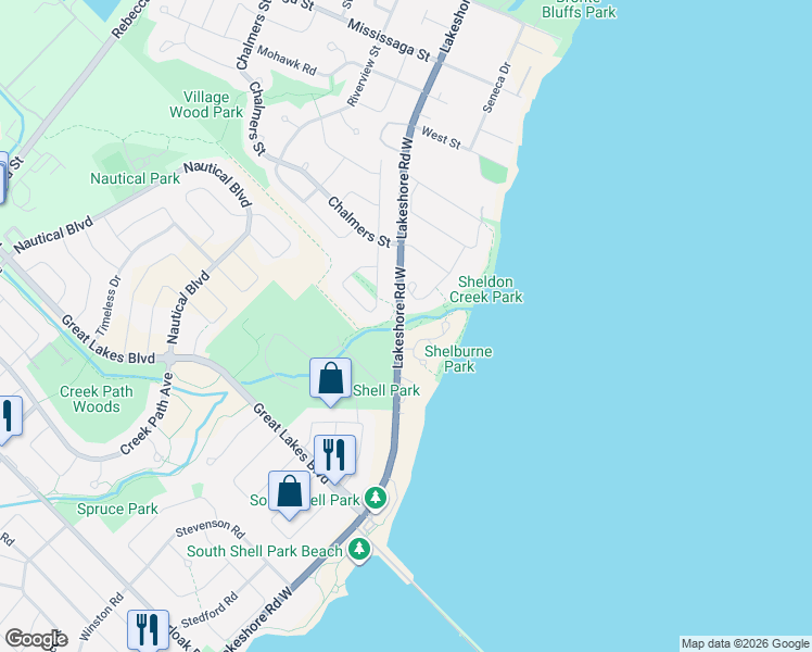 map of restaurants, bars, coffee shops, grocery stores, and more near in Oakville