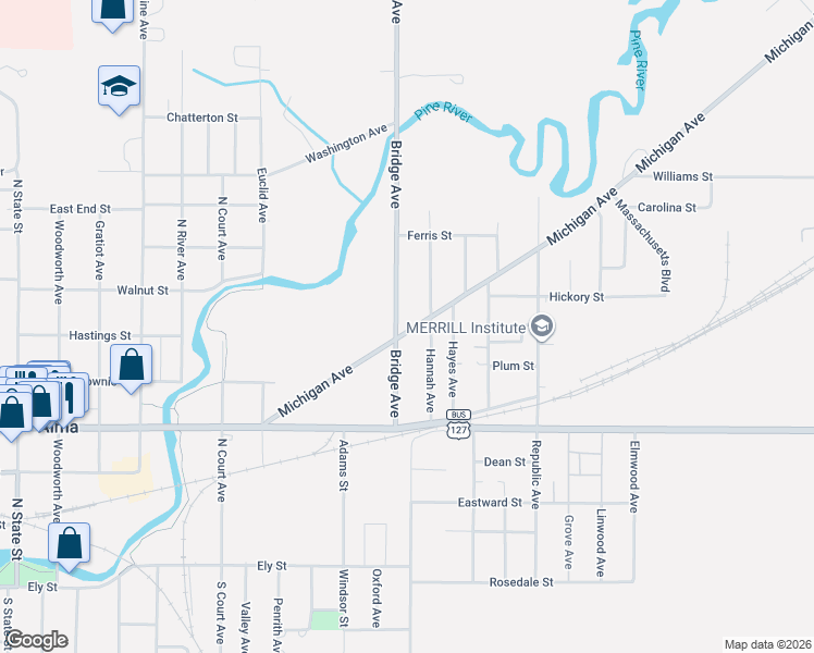 map of restaurants, bars, coffee shops, grocery stores, and more near 1002 Michigan Avenue in Alma