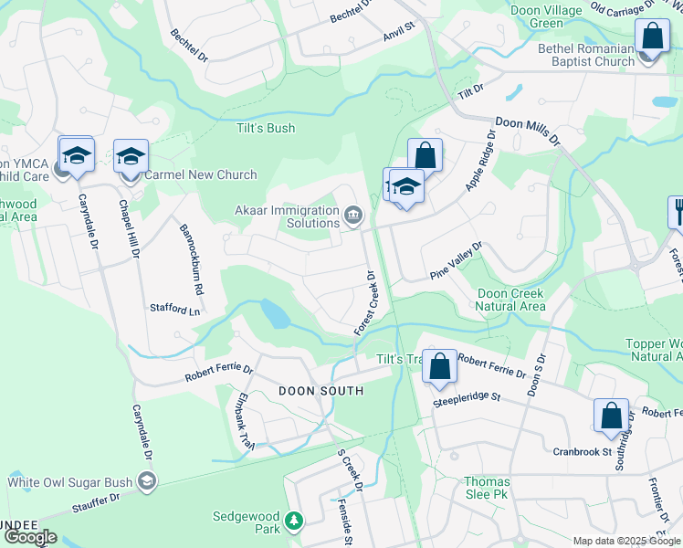 map of restaurants, bars, coffee shops, grocery stores, and more near 38 Creek Ridge Street in Kitchener