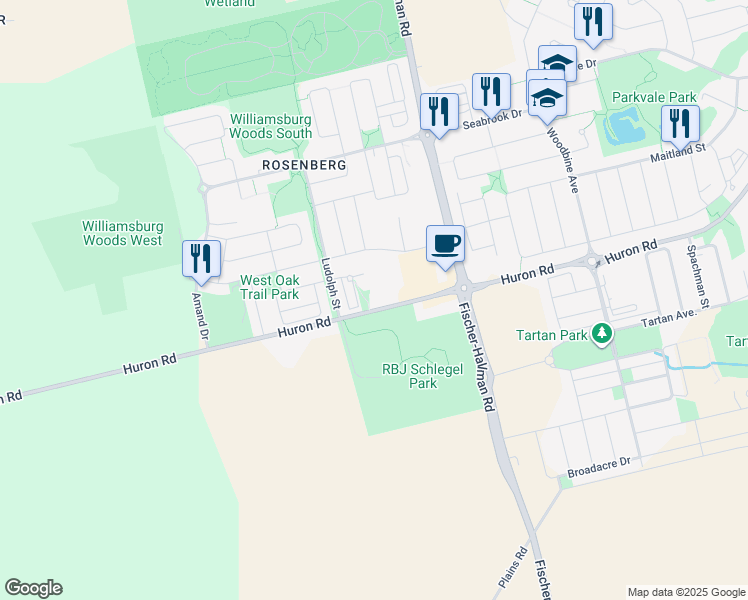 map of restaurants, bars, coffee shops, grocery stores, and more near 1683 Huron Road in Kitchener