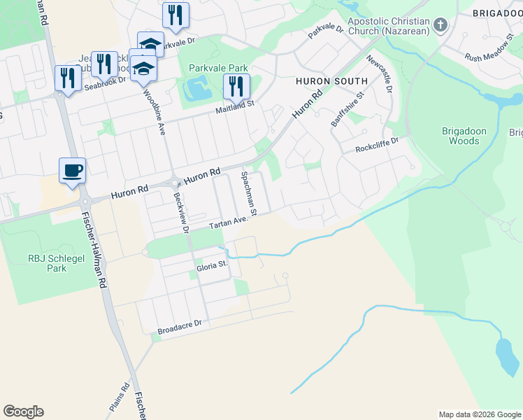map of restaurants, bars, coffee shops, grocery stores, and more near 104 Tartan Avenue in Kitchener