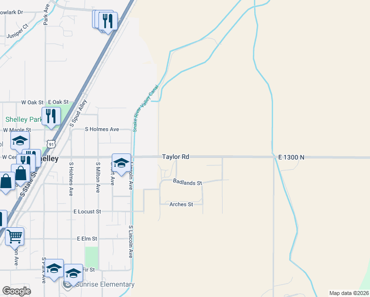 map of restaurants, bars, coffee shops, grocery stores, and more near 856 East 1300 North in Shelley