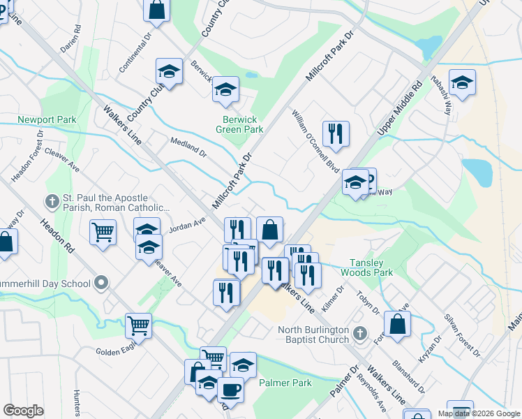 map of restaurants, bars, coffee shops, grocery stores, and more near 4045 Upper Middle Road in Burlington