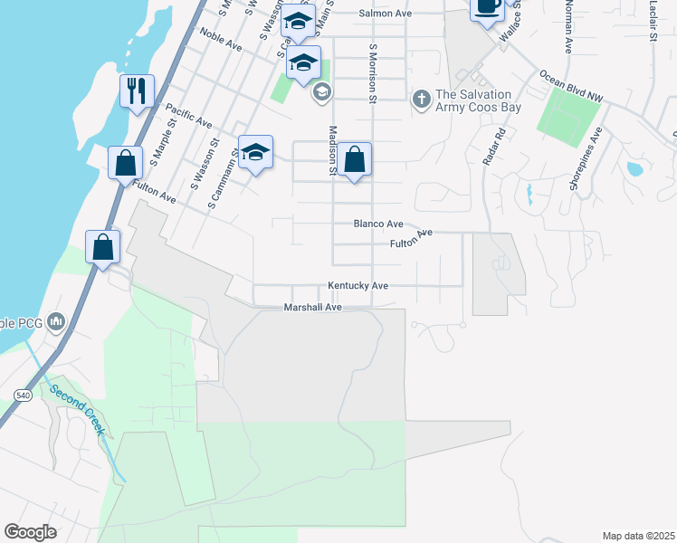map of restaurants, bars, coffee shops, grocery stores, and more near 990 Madison Street in Coos Bay