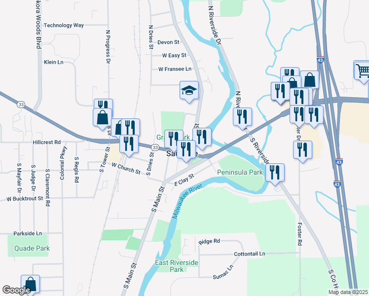 map of restaurants, bars, coffee shops, grocery stores, and more near in Saukville