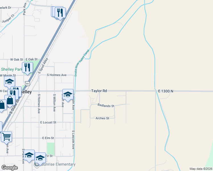 map of restaurants, bars, coffee shops, grocery stores, and more near 856 East 1300 North in Shelley