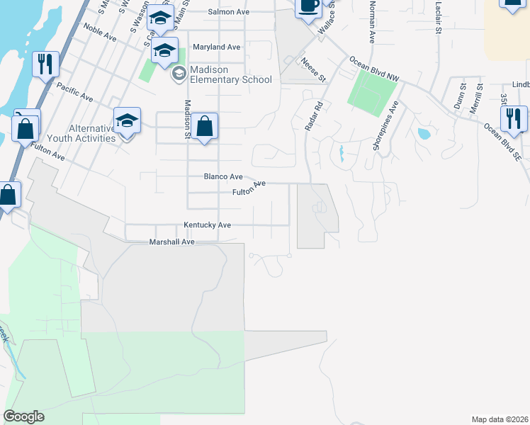 map of restaurants, bars, coffee shops, grocery stores, and more near 785 Tricia Place in Coos Bay