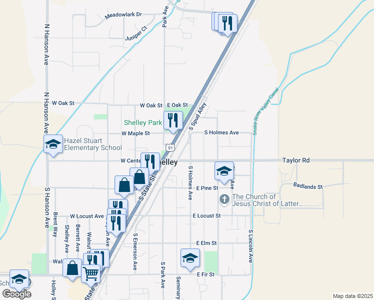 map of restaurants, bars, coffee shops, grocery stores, and more near 101-199 East Center Street in Shelley