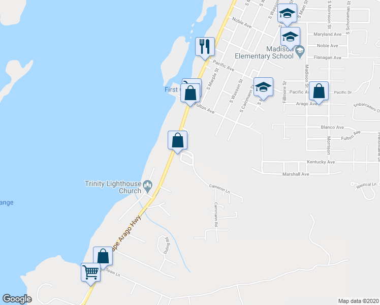 map of restaurants, bars, coffee shops, grocery stores, and more near 891 Wisconsin Avenue in Coos Bay