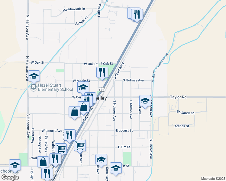 map of restaurants, bars, coffee shops, grocery stores, and more near 101-199 East Center Street in Shelley