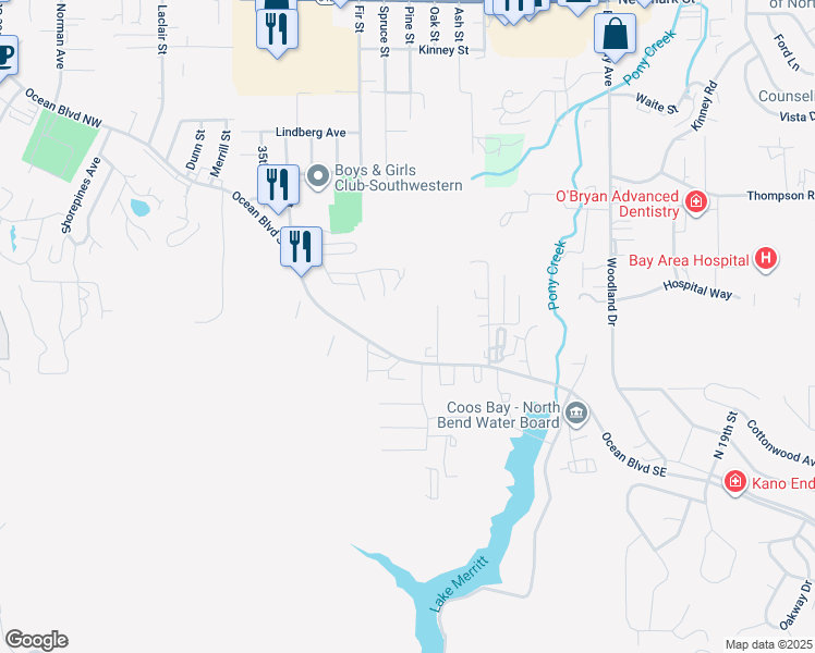 map of restaurants, bars, coffee shops, grocery stores, and more near 2810 Ocean Boulevard Southeast in Coos Bay