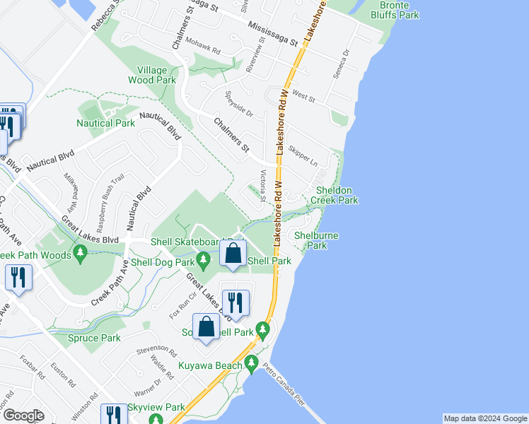 map of restaurants, bars, coffee shops, grocery stores, and more near 3276 Victoria Street in Oakville