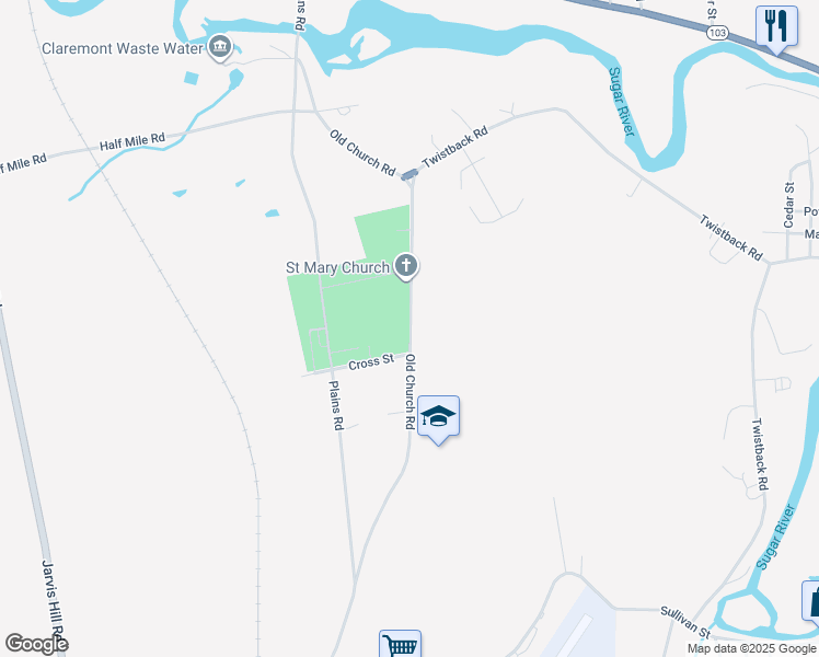 map of restaurants, bars, coffee shops, grocery stores, and more near Old Church Road in Claremont