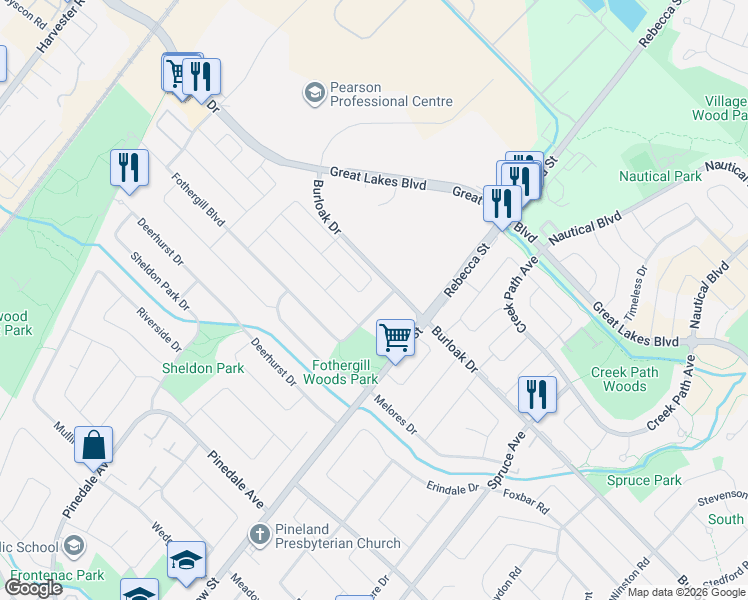 map of restaurants, bars, coffee shops, grocery stores, and more near 449 Fothergill Boulevard in Burlington