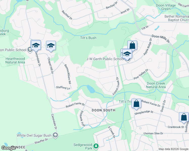 map of restaurants, bars, coffee shops, grocery stores, and more near 110 Pondcliffe Drive in Kitchener