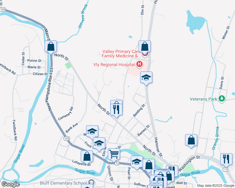map of restaurants, bars, coffee shops, grocery stores, and more near 148 Elm Street in Claremont