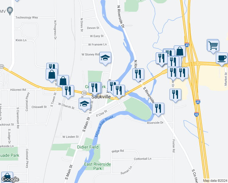 map of restaurants, bars, coffee shops, grocery stores, and more near 234 State Highway 33 Trunk in Saukville