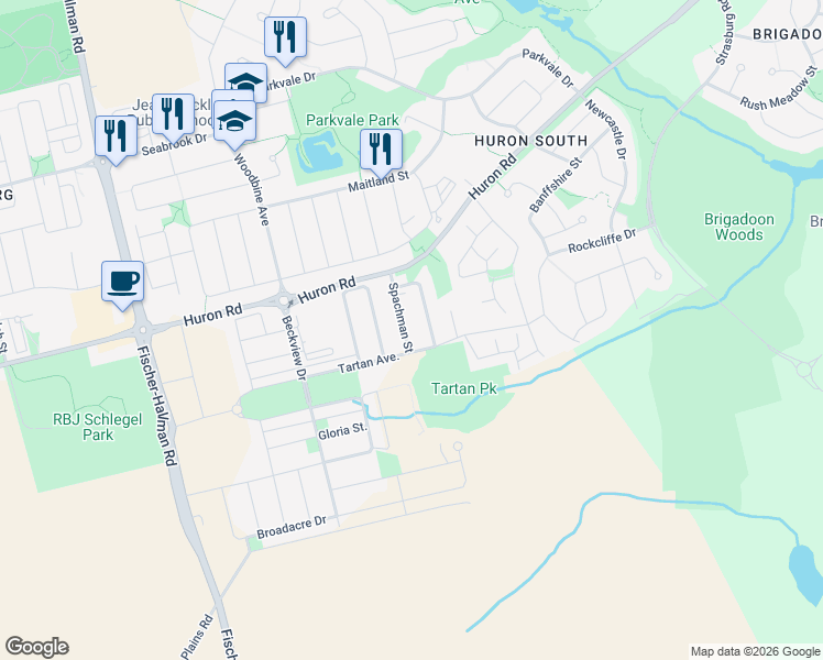 map of restaurants, bars, coffee shops, grocery stores, and more near 59 Spachman Street in Kitchener