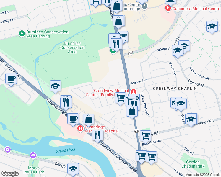 map of restaurants, bars, coffee shops, grocery stores, and more near 190 Hespeler Road in Cambridge