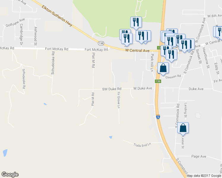 map of restaurants, bars, coffee shops, grocery stores, and more near 1905 Southwest Duke Road in Sutherlin