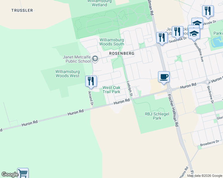 map of restaurants, bars, coffee shops, grocery stores, and more near 80 West Oak Trail in Kitchener