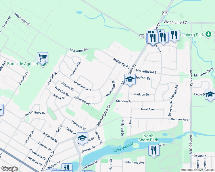 map of restaurants, bars, coffee shops, grocery stores, and more near 90 Greenwood Drive in Stratford