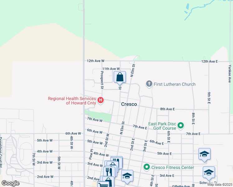 map of restaurants, bars, coffee shops, grocery stores, and more near 200-298 Valley Manor Drive in Cresco