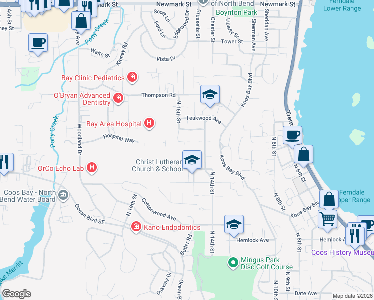 map of restaurants, bars, coffee shops, grocery stores, and more near 1560 Redwood Avenue in Coos Bay